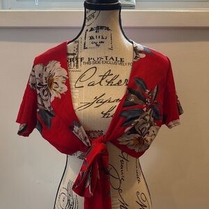 Floral Red Tie-Front Top